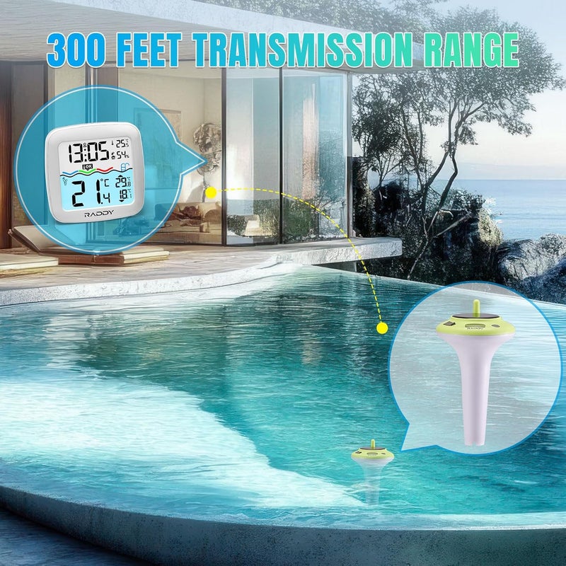 Raddy PT-5 TN Wireless Pool Thermometer Floating Easy Read, IPX8 Waterproof Digital Thermometer with Indoor Temperature Humidity Monitor, Alarm Clock, Solar & Battery Powered for Spa, Pond, Aquarium - Image 2